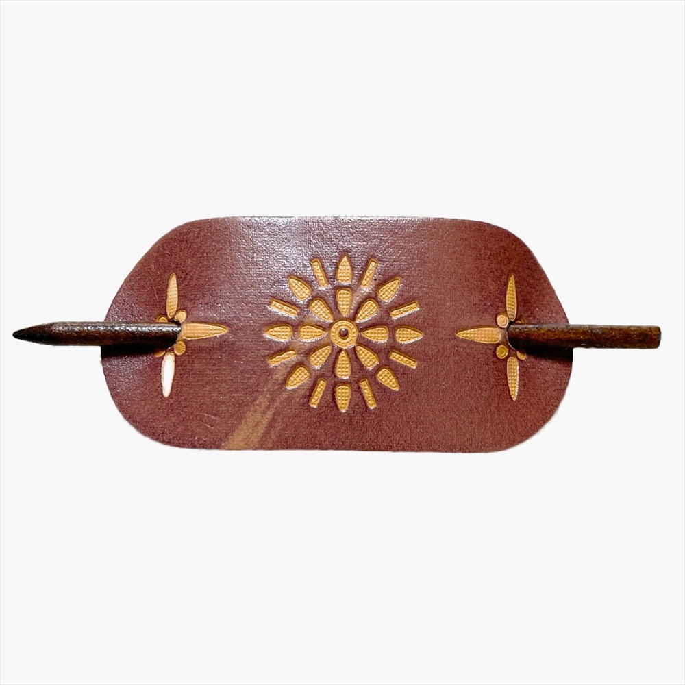 Vintage Leather Boho Hair Barrette with Stick, Hippie Barrette, Slider Barrette